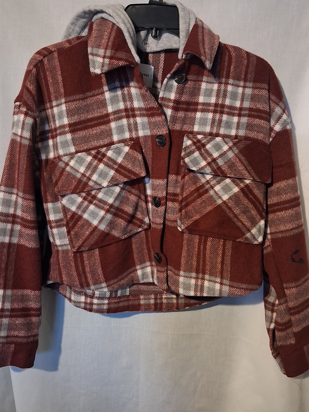 Women's Rust Plaid Button-Front Jacket with Removable Hood